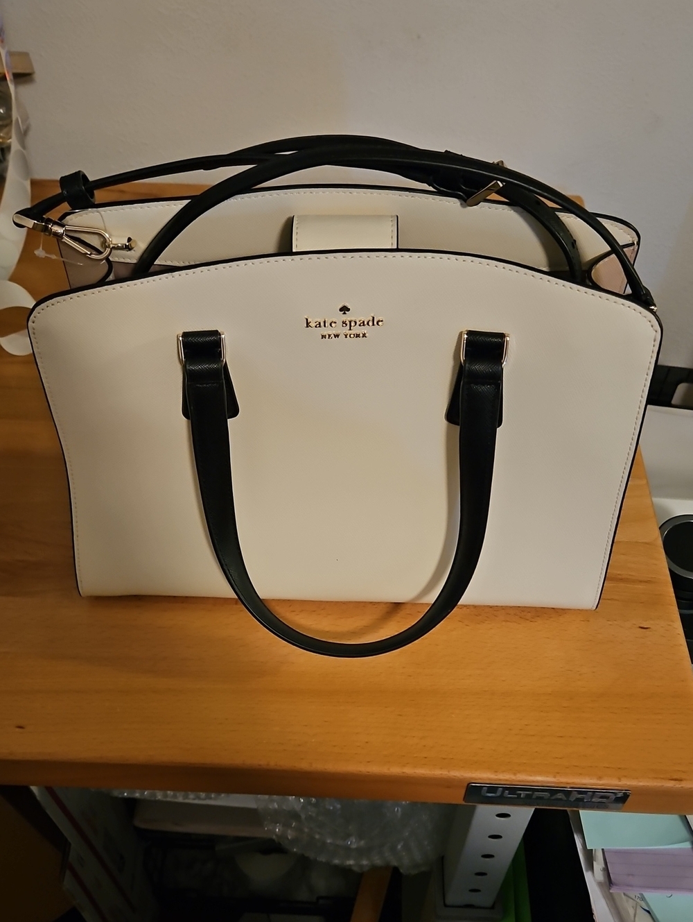 kate spade Ivory and Black Leather Satchel Handbag